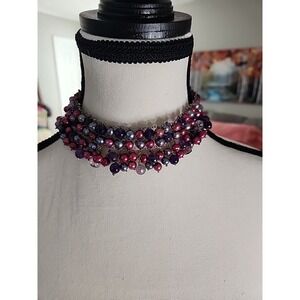 Vintage Y2K Silver‎ Tone bunch layered multicolored beads choker